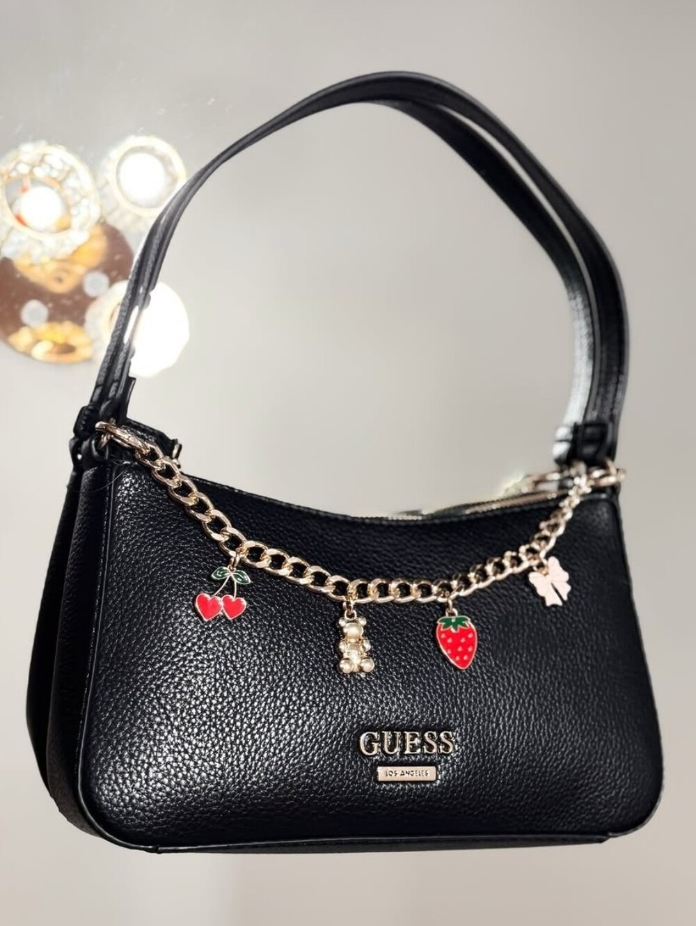 GUESS Black Pebbled Shoulder Bag with Charm Chain